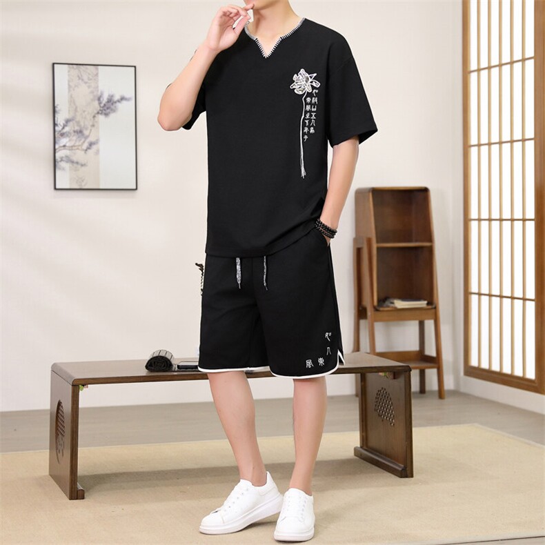 （版权注册仿款必究）风套装男夏季V领唐装新中式刺绣两件,男装休闲套装,星座1206（原A206）