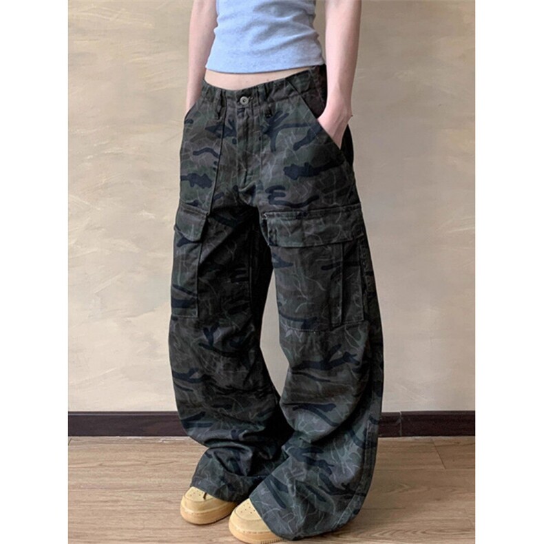 CP1257-P56美式复古多口袋迷彩工装裤女宽松直筒褶皱高级感休闲,男装工装外套,电商B323A
