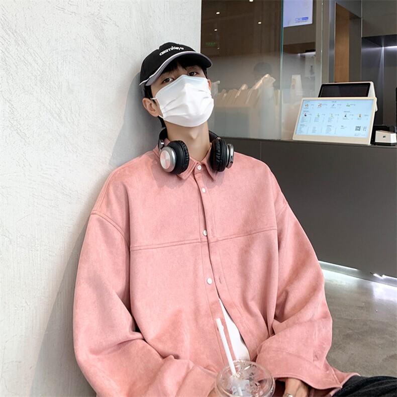 2025港风咖啡厅麂皮绒宽松时尚长袖衬衫S70P48控68,男装衬衫,电商A247