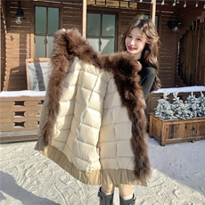 加厚狐狸毛领白鹅绒羽绒服女中长款派克服冬季保暖外套90白鸭绒，女装羽绒服，2C159