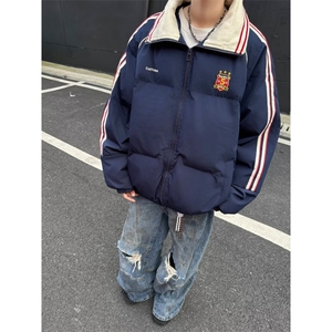 美式复古撞色织带翻领棉衣棉服男冬季加厚情侣面包服外套M9092图片