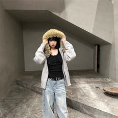 美式复古连帽开衫毛衣男女冬季毛领百搭休闲针织衫慵懒风情侣外套，男装针织衫/毛衣，星座506A
