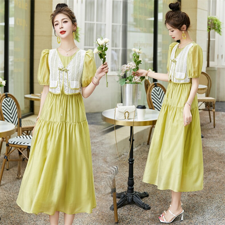 /假两件连衣裙女夏季优雅气质蕾丝马甲拼接设计感显瘦裙子，女装连衣裙，时尚俏佳人