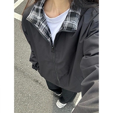 格子拼接立领夹克男秋季美式fitcheck潮牌外套设计感情侣复古上衣，男装夹克，星座506A