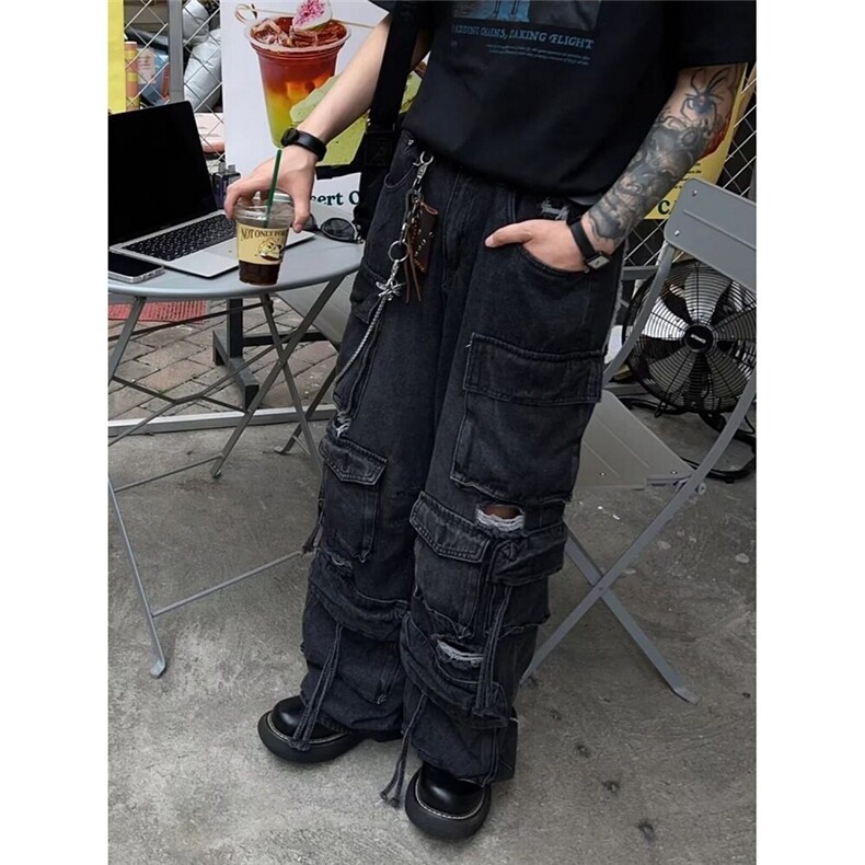 CP1166-P80 美式高街破洞多口袋牛仔裤男女宽松直筒阔腿工装裤图片