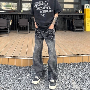 美式潮牌闪电爆裂纹猫须牛仔裤男高街休闲百搭黑色长裤XX0814图片