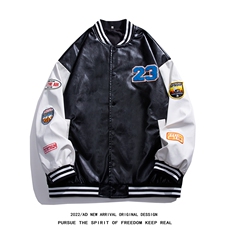 2035-P85平铺春秋新款夹克男字母刺绣港风棒球服宽松休闲PU皮外套，男装夹克，星座1109-2
