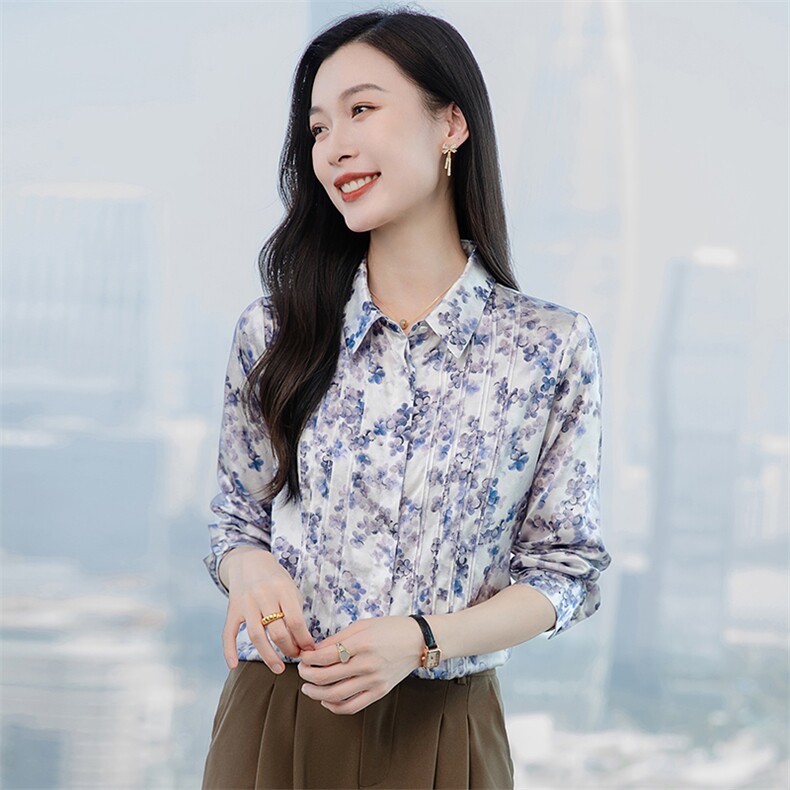 轻奢真丝衬衫女长袖2026春装品牌印花妈妈重磅真丝上衣小衫衬衣,女装衬衫,阿舍尔精品