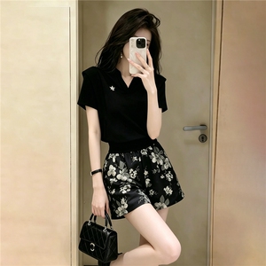 时尚气质复古提花短裤套装女夏季新款黑色减龄V领短袖两件套潮流图片