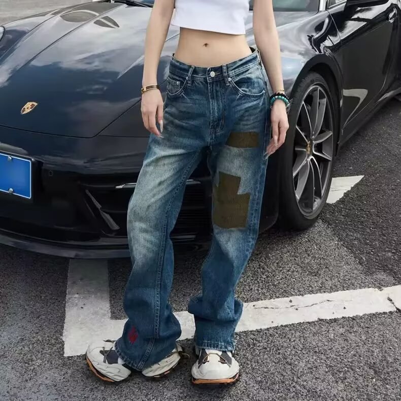 8075-P63美式高街复古破洞补丁刺绣牛仔裤男休闲小直筒长裤,男装牛仔裤,电商B323A