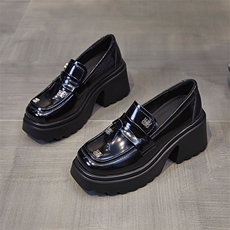 漆皮厚底粗跟百搭小皮鞋女2023秋冬季新款圆头英伦风一脚蹬乐福鞋，女鞋小皮鞋，电商A223