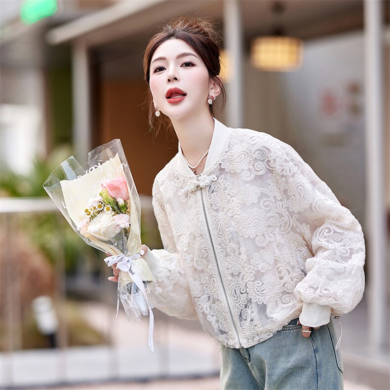 国风蕾丝刺绣棒球服外套女2024春夏新款小个子宽松百搭薄款防晒衣,女装短外套,大掌柜