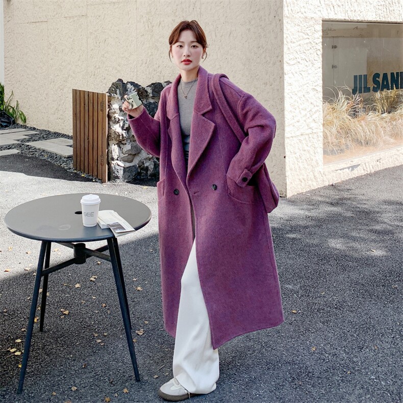 减龄紫色双面呢羊毛西装外套女秋冬2025新款长款巨好看多巴胺大衣,女装毛呢外套,2C095