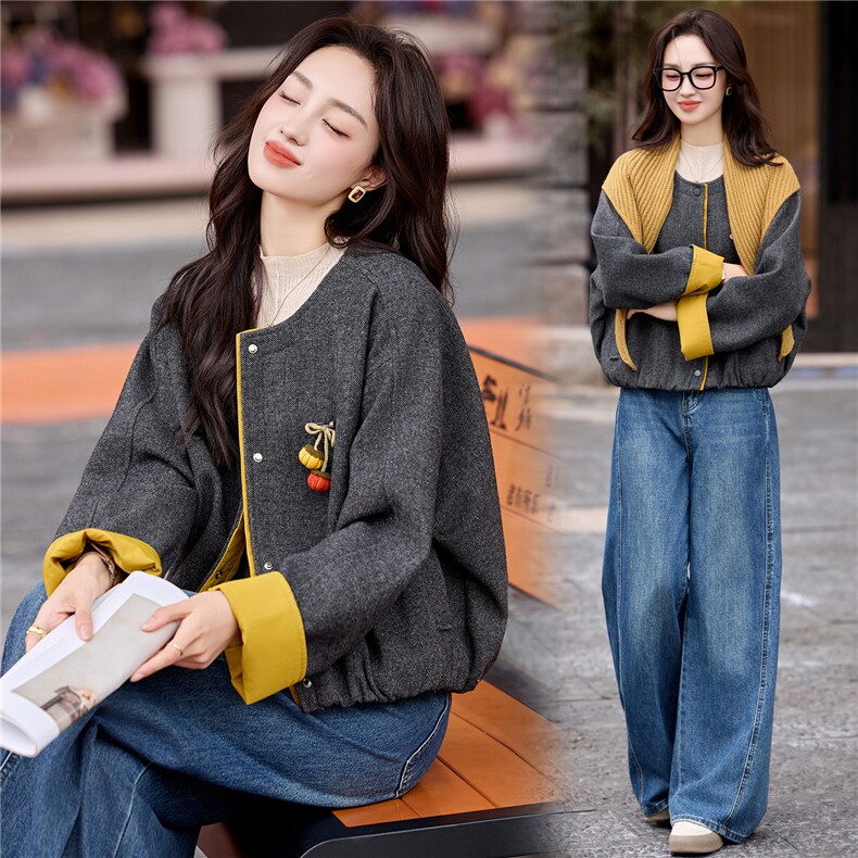 时尚撞色披肩短外套女2026秋季新款宽松显瘦百搭独特设计减龄上衣，女装毛呢外套，盈茜