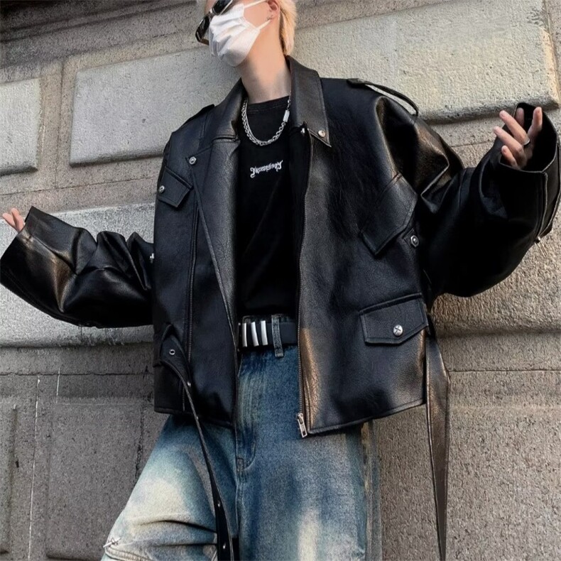 棕色垫肩短款皮衣外套男美拉德穿搭小众骑行机车服1338-P95,男装皮衣,星座910-5