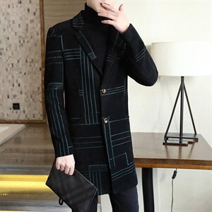 冬季男士修身毛呢大衣中长款呢子大衣条纹翻领商务风衣N05图片