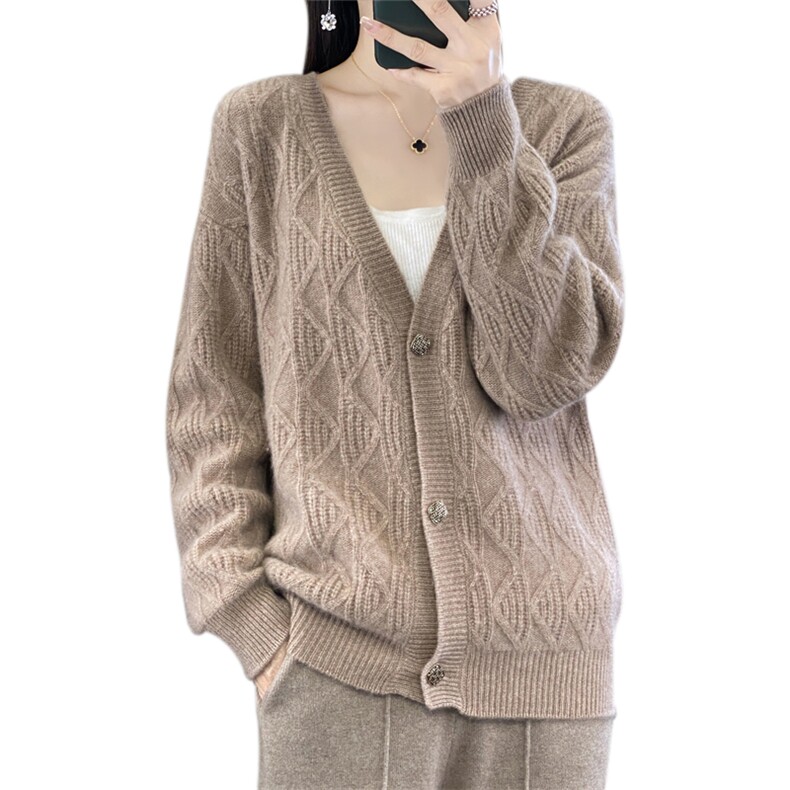 秋冬新款V领100%羊毛开衫女纯色绞花长袖毛衣宽松羊绒衫针织外套,女装羊毛衫,迅太羊绒