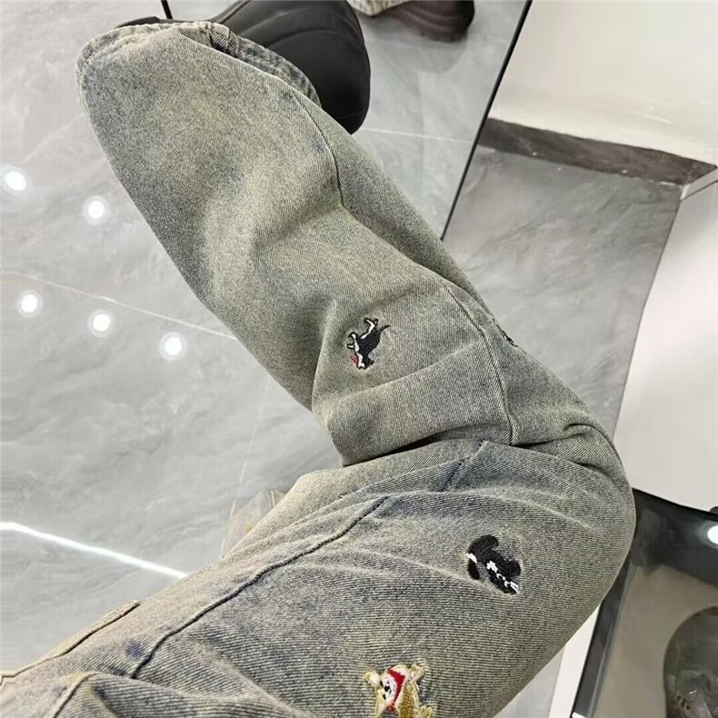 趣味小狗刺绣牛仔裤女潮牌美式复古水洗做旧显瘦高腰直筒百搭裤子,男装牛仔裤,星座813-3