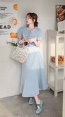 2025年夏季新款时尚百搭蕾丝花边拼接短袖两件套半身裙套装女，女装套装/套裙，1D102-1