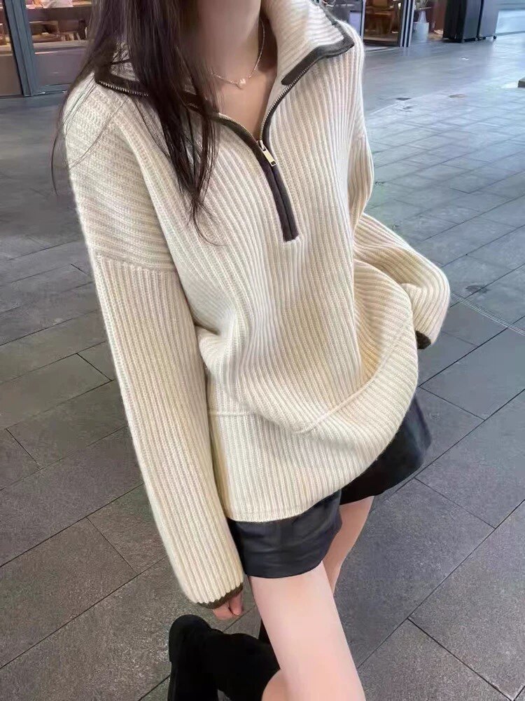 半开拉链100%纯羊毛衫女宽松慵懒拼色加厚提花毛衣保暖针织羊毛衫,针织衫/毛衣,冀清阳荣
