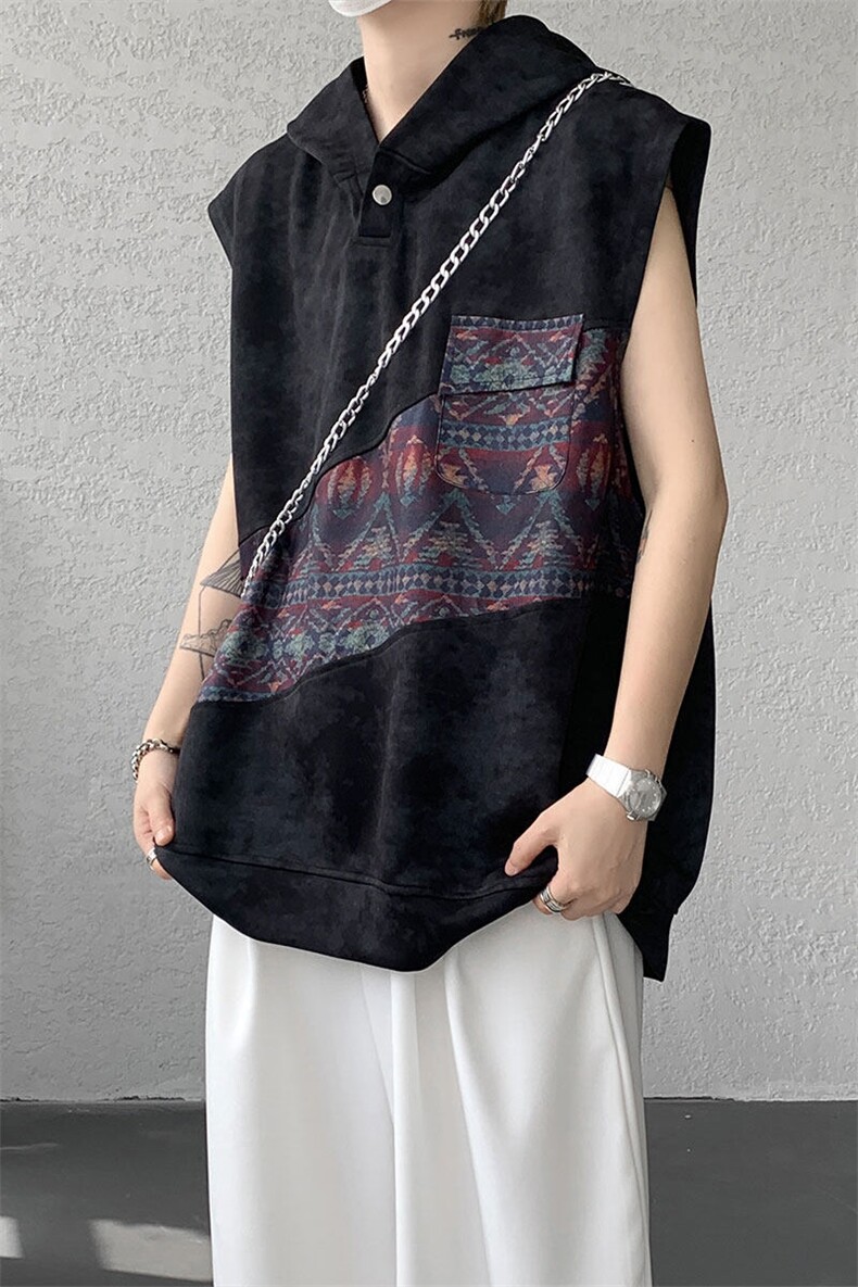 DX10139-特批36控75撞色拼接百搭宽松连帽短袖大码T恤背心,男装背心/马甲,电商A059
