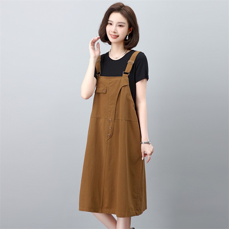 背带裙女夏季2025新款宽松大码胖mm遮肉显瘦短袖T恤两件套装裙子,女装套装/套裙,简韵佳