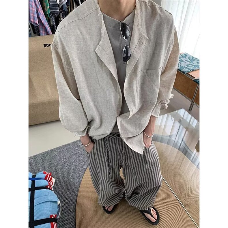 网图+秋款老钱风净版棉麻水洗长袖衬衫W1305/P45,男装衬衫,电商B350