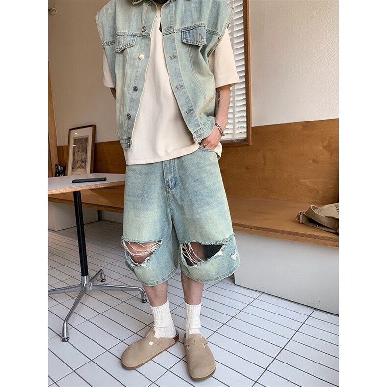 美式复古水洗牛仔马甲背心潮男女夏季街头五分裤百搭宽松无袖外套图片