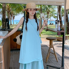蓝色无袖假两件连衣裙女2025夏季新款韩系宽松休闲显瘦减龄背心裙，女装连衣裙，浙宝305