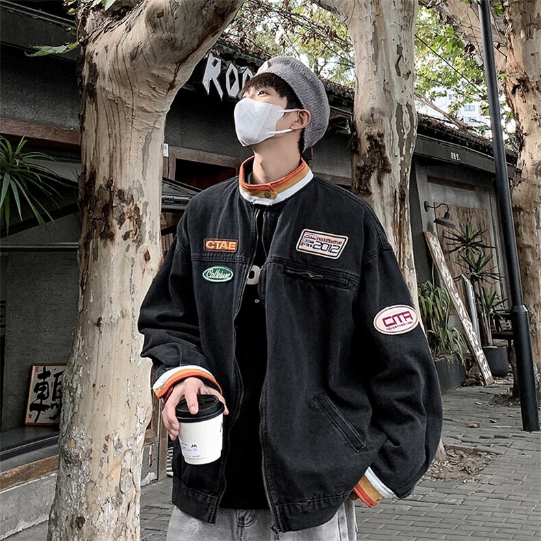 美式机车牛仔外套男士立领宽松拉链夹克JK05529-P75图片