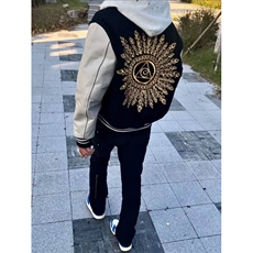 美式刺绣太阳之眼黑色夹棉棒球服夹克外套男A439-常规P68加棉P78，男装夹克，星座1505