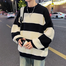 B193-P43日系复古慵懒宽松针织衫秋冬新款潮牌条纹圆领毛衣男，男装针织衫/毛衣，星座512-6
