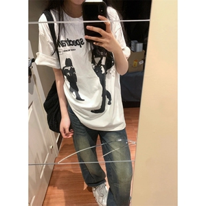 T0760-P25 高街美式复古人像 夏季小众纯棉半袖上衣图片