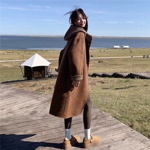 格纹拼接连帽双面呢羊毛咖色外套女秋冬2025新款今年流行爆款大衣图片