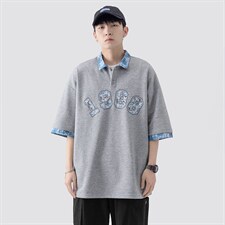 新款优品男士短袖刺绣贴标半开拉链印花T恤宽松上衣ZD3314-P54，男装T恤，星座717