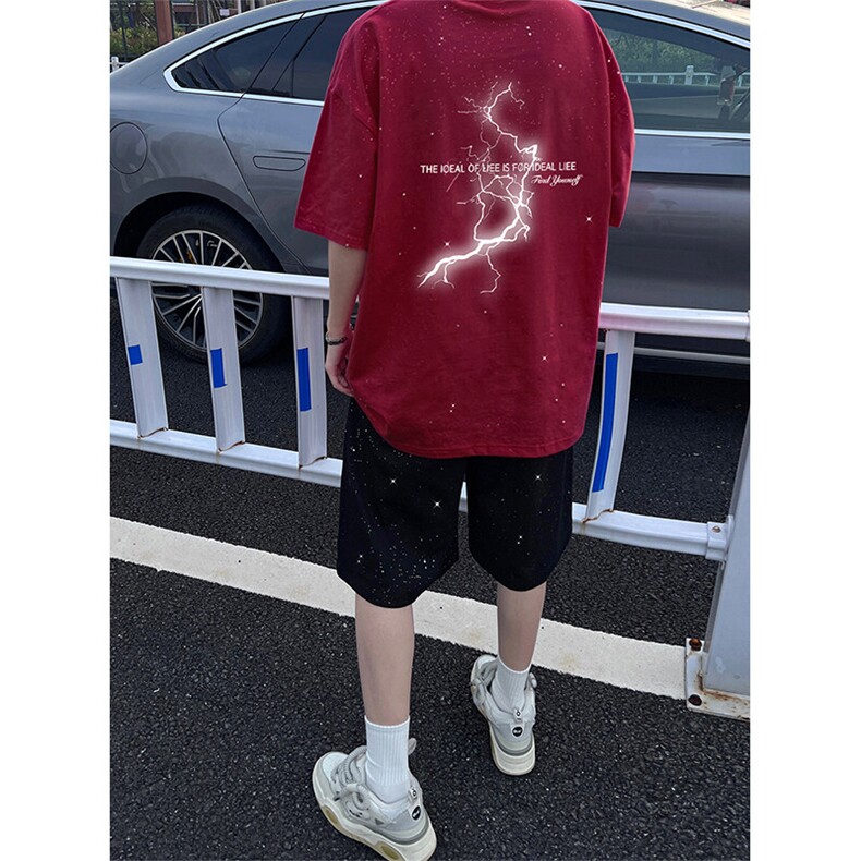 可48小时发货支持抖音得物来样二开美式满天星亮片短袖T恤MTX636,男装T恤,电商A486-1
