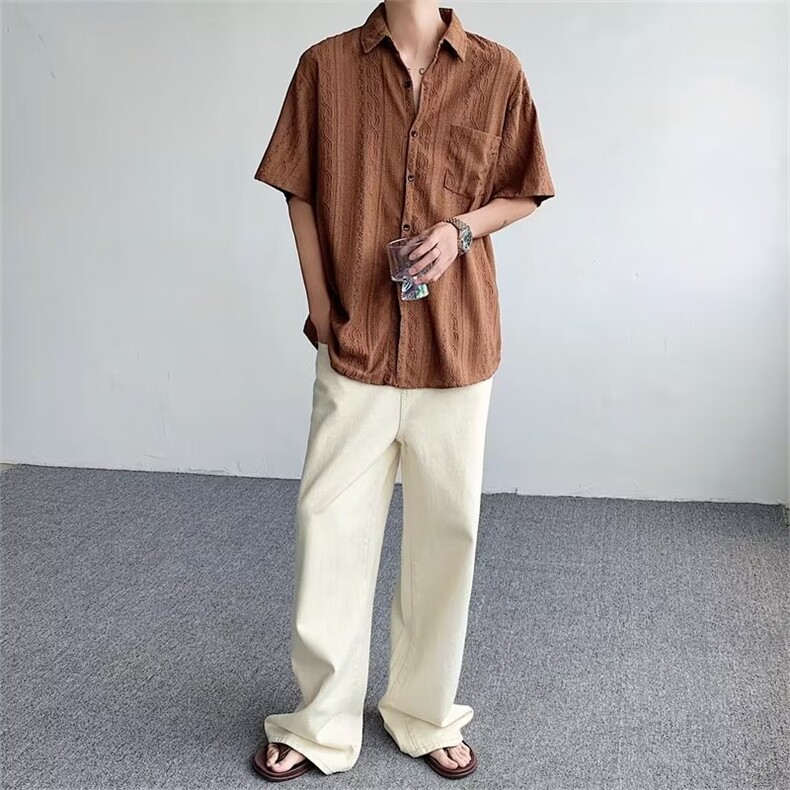 潮标准简约方领新款男条纹夏季潮流五分袖C664P33,男装衬衫,星座1116-2