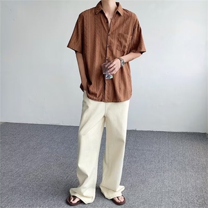 潮标准简约方领新款男条纹夏季潮流五分袖C664P33图片