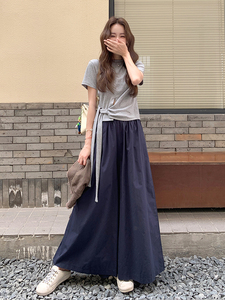 设计感不规则短袖套装女2025夏新款休闲系带上衣显瘦阔腿裤套装女图片