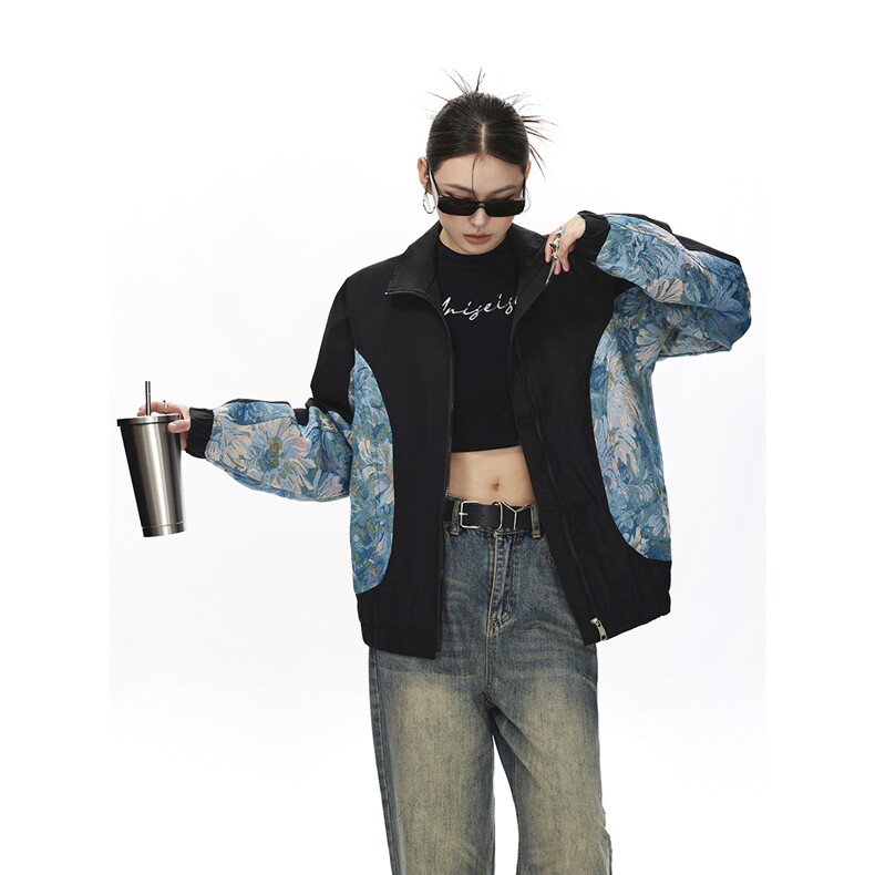 可二开中性风刺绣花卉撞色设计大码M-5XL夹克女JK78051P75控108，男装夹克，星座227-7