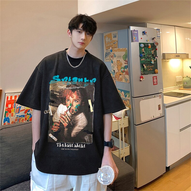 ！24夏季新款宽松大码港风人物涂鸦麂皮绒T恤TJ2365-特p19,男装T恤,星座508（原C305）