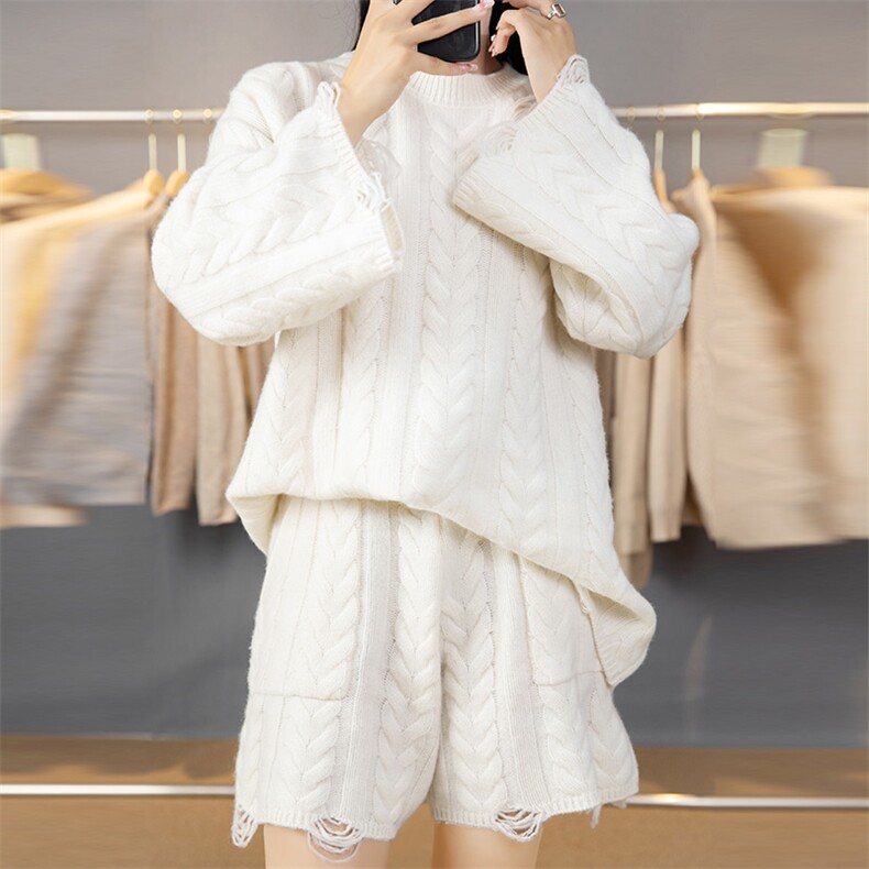 时尚秋季新款气质简约百搭潮流女士针织短裤套装，女装套装/套裙，悦玛羊绒