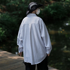 盐系衬衫雾霾蓝轻熟风男装搭配春秋穿搭ins超火服条纹衬衣-C3005，男装衬衫，星座601-2