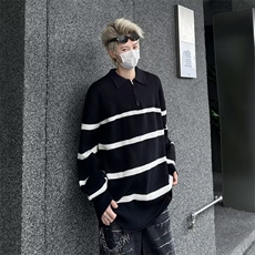 美式高街条纹翻领毛衣男潮牌半拉链设计套头针织衫上衣，男装针织衫/毛衣，星座410-7