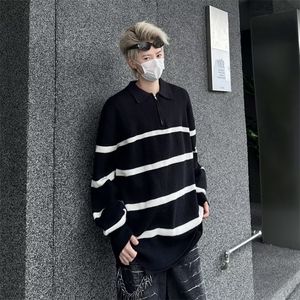 美式高街条纹翻领毛衣男潮牌半拉链设计套头针织衫上衣图片
