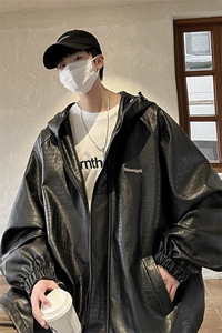港风连帽鳄鱼纹PU皮衣大码情侣休闲冲锋衣夹克男JK8744P90控128图片