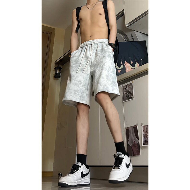 美式扎染脏脏短裤男款夏季潮牌冰丝速干宽松直筒休闲运动五分裤子图片