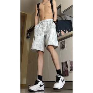 美式扎染脏脏短裤男款夏季潮牌冰丝速干宽松直筒休闲运动五分裤子图片