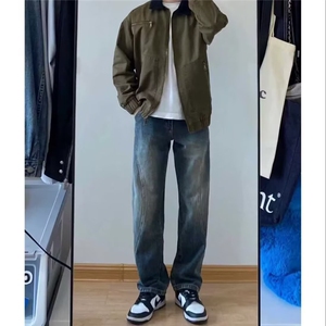 美式复古牛仔裤男潮牌秋季新款宽松设计感直筒阔腿休闲长裤子图片