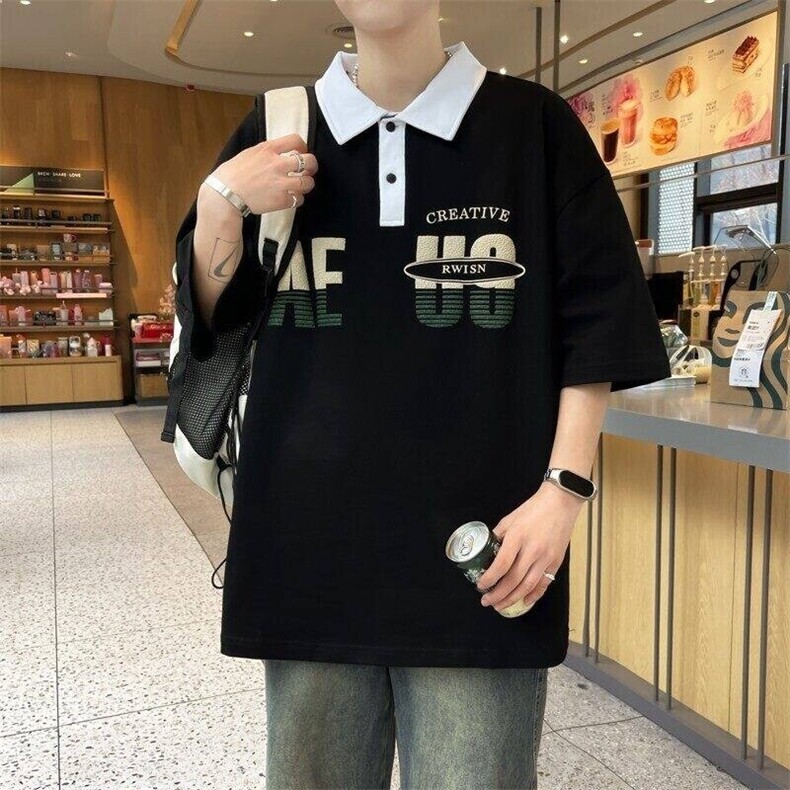 25065-特P40港风宽松翻领短袖POLO衫夏季时尚休闲T恤男打底衫图片